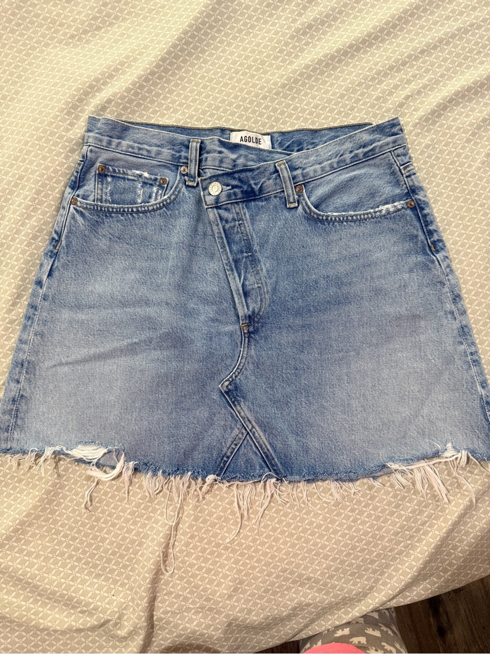 AGOLDE Blue Denim Frayed Hem Skirt